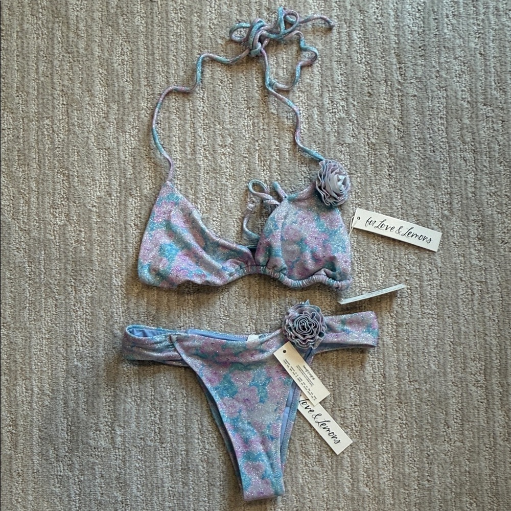 For Love & Lemons Pastel Pink and Blue Shimmery Bikini